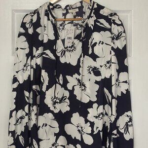 Navy & White Floral Long-Sleeve Blouse (XL) LAURA